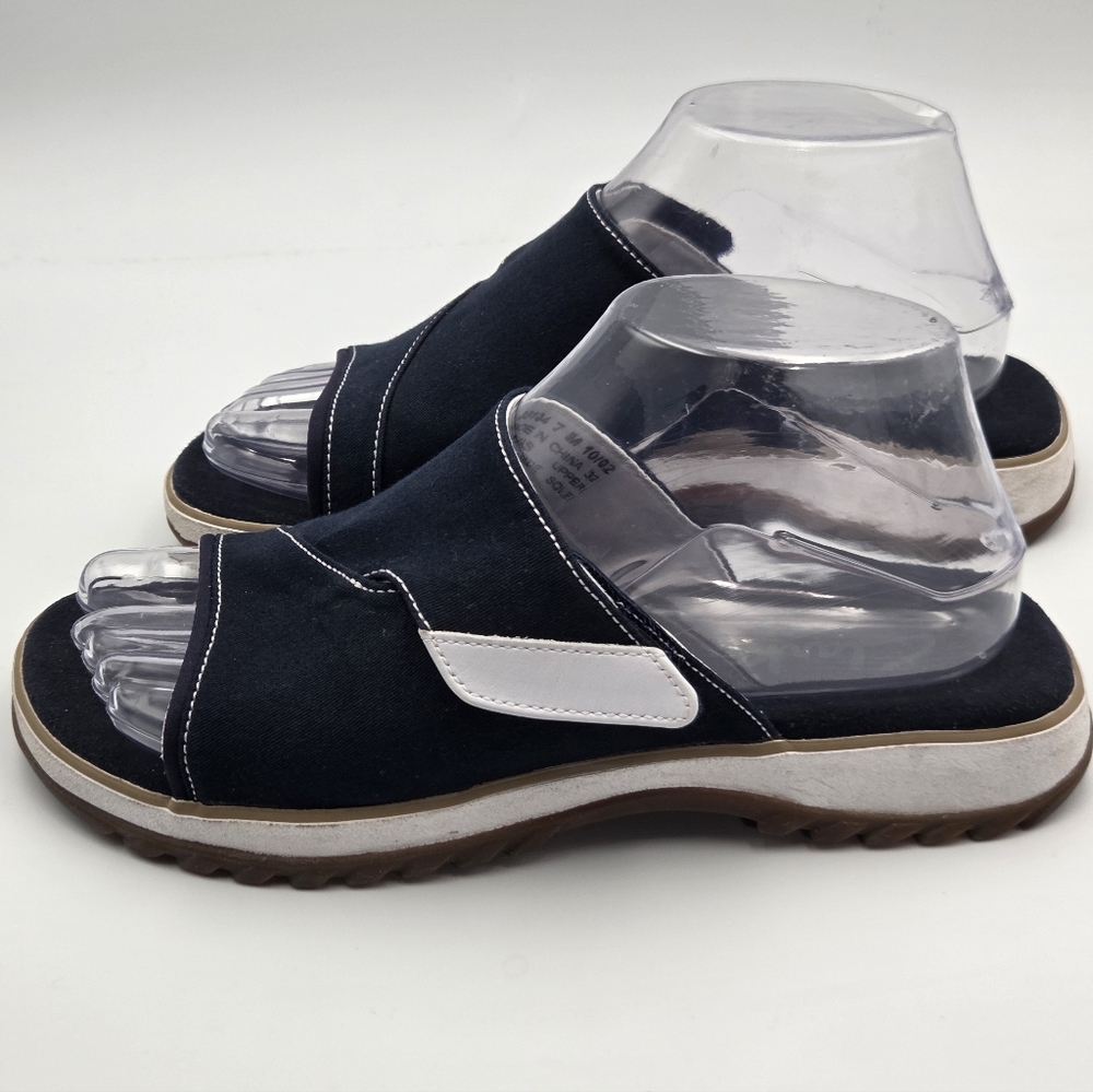 Clarks Canvas Navy Sandals Casual Comfort Slip on Slide Flats 7 M #35104